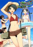  4girls aircraft beach bikini black_hair blush breasts brown_hair brown_shorts cloud day e16a_zuiun eyewear_on_head goggles hat hyuuga_(kantai_collection) ise_(kantai_collection) kantai_collection kumadano long_hair medium_breasts mikuma_(kantai_collection) mogami_(kantai_collection) multiple_girls navel ocean open_mouth outdoors ponytail red_bikini red_ribbon ribbon rigging short_hair shorts sky small_breasts snorkel squatting standing straw_hat sunglasses swimsuit twintails white_bikini 