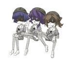  3girls aida_(aidacamelia0516) alice_(murder_drones) android black_hat brown_eyes brown_hair closed_mouth crossed_legs hat id_card invisible_chair multiple_girls murder_drones nori_(murder_drones) open_mouth purple_eyes purple_hair red_eyes short_hair simple_background single_sidelock sitting smile white_background yeva_(murder_drones) 