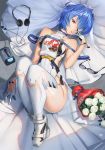  1girl ankle_boots ayanami_rei bangs bare_shoulders blue_hair boots bouquet breasts bridal_veil cassette_player dress eyepatch finger_to_mouth flower gloves headphones highres interface_headset looking_at_viewer lying mhk_(mechamania) neon_genesis_evangelion on_back parted_lips red_eyes short_hair side_cutout sleeveless sleeveless_dress solo thighhighs thighs veil white_dress white_footwear white_gloves white_legwear 