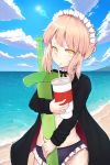  1girl absurdres artoria_pendragon_(all) artoria_pendragon_(swimsuit_rider_alter) bangs beach bikini black_jacket black_ribbon blonde_hair breasts cloud commentary_request day drinking drinking_straw eyebrows_visible_through_hair fate/grand_order fate_(series) greypidjun highres holding huge_filesize jacket looking_at_viewer maid_headdress navel outdoors purple_bikini red_jacket ribbon solo swimsuit sword weapon yellow_eyes 