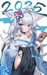  +_+ 1girl 2025 3: ahoge animal_ear_fluff animal_ears bare_shoulders black_hakama blue_eyes blue_kimono blue_ribbon blush bodypaint breasts cleavage closed_mouth collarbone commentary_request cowboy_shot egasumi facepaint fox_ears fox_girl fox_tail grey_hair groin hagoita hair_intakes hair_ribbon hakama highres hip_vent japanese_clothes kimono long_hair long_sleeves looking_at_viewer nitoron no_panties off_shoulder open_clothes open_kimono original paddle plus_sign print_kimono ribbon small_breasts solo swept_bangs tail tearing_up tears very_long_hair white_background wide_sleeves 