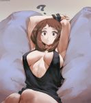  1girl :o ? absurdres arm_above_head armband armpits arms_up black_shirt blush_stickers boku_no_hero_academia breasts breasts_apart brown_eyes brown_hair covered_nipples cutesexyrobutts highres huge_filesize large_breasts looking_at_viewer lying no_bra on_back paid_reward parted_lips patreon_reward pillow shirt short_hair sideboob solo source_request tank_top thighs uraraka_ochako 