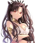  1girl absurdres bare_shoulders black_hair breasts cleavage crossed_arms crown detached_collar earrings elbow_gloves eyebrows_visible_through_hair fate/grand_order fate_(series) frown gloves hair_ribbon highres hoop_earrings ishtar_(fate/grand_order) jewelry lq_saku medium_breasts midriff red_eyes ribbon solo two_side_up white_background 