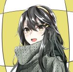  1girl alternate_costume black_hair blush brown_eyes casual close-up eyebrows_visible_through_hair hair_ornament hairband hairclip haruna_(kantai_collection) kantai_collection long_sleeves looking_at_viewer open_mouth paeonia1202 smile solo sweater upper_body 