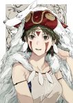  1girl absurdres border brown_eyes brown_hair facepaint fur fur_trim hand_in_hair highres hiranko jewelry mask mononoke_hime necklace san short_hair signature solo studio_ghibli white_background white_border white_wolf wolf 