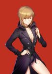  1girl absurdres artoria_pendragon_(all) belt black_coat blonde_hair breasts choker cleavage coat collarbone fate/grand_order fate_(series) hand_on_hip highres joe_(j_studio) long_sleeves looking_at_viewer medium_breasts parted_lips red_background saber_alter short_hair simple_background solo 