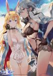  2girls absurdres animal_ears azur_lane bangs black_bra black_gloves black_panties blonde_hair blue_eyes bra breasts bunny_ears bustier choker cleavage cloud cross day earrings eyebrows_visible_through_hair fake_animal_ears gloves hair_between_eyes hairband half_gloves hand_up highres jacket jacket_on_shoulders jewelry large_breasts lingerie long_hair looking_at_viewer military_jacket multiple_girls navel north_carolina_(azur_lane) official_art outdoors panties salmon88 short_hair silver_hair smile underwear washington_(azur_lane) white_jacket white_panties 