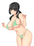  1girl arms_at_sides bikini black_hair breasts cleavage commentary_request cowboy_shot eyebrows_visible_through_hair green_bikini highres huge_breasts long_hair micro_bikini mokkori9 navel original red_eyes sidelocks smile swimsuit tsurime twintails white_background 