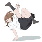  &gt;:( 1girl black_legwear black_skirt breakdance brown_eyes brown_hair collared_shirt commentary_request floating_hair frown full_body hair_between_eyes handstand highres hoshiai_no_sora kasuga_kinuyo loafers long_hair looking_at_viewer onsen_tamago_(hs_egg) pleated_skirt school_uniform serious shadow shirt shoes short_sleeves simple_background skirt solo v-shaped_eyebrows white_background white_shirt 