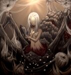  1girl arachne areola_slip arthropod_girl arthropod_limbs bare_shoulders black_nails breasts bright_pupils brown_background cleavage commentary covering_breasts covering_privates dark_souls_(series) dark_souls_i english_commentary extra_eyes fingernails highres humanity_(dark_souls) light_blush long_fingernails long_hair mimicrutix monster_girl navel nude pale_skin parted_lips quelaag&#039;s_sister silk small_breasts spider_girl spider_web taur white_eyes white_hair white_pupils 