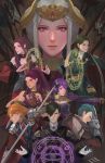  4boys 4girls armor arrow bernadetta_von_varley black_hair blue_hair bow bow_(weapon) braid brown_gloves brown_hair cape caspar_von_bergliez claw_(weapon) cravat detached_sleeves dorothea_arnault earrings edelgard_von_hresvelg ferdinand_von_aegir fire_emblem fire_emblem:_three_houses flag gloves green_hair hair_bow hair_over_one_eye hubert_von_vestra jewelry linhardt_von_hevring lips long_hair looking_at_viewer magic_circle multiple_boys multiple_girls open_mouth orange_hair parted_lips petra_macneary polearm purple_hair serious short_hair short_sword silver_hair smile spear sword tiara weapon white_gloves yagaminoue 