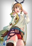  1girl :d atelier_(series) atelier_ryza bangs belt blue_belt blush breasts brown_belt brown_eyes brown_gloves brown_hair detached_sleeves eyebrows_visible_through_hair flask gloves grey_background hair_between_eyes hair_ornament hairclip hat jacket jewelry kyon_(fuuran) large_breasts leather_belt looking_at_viewer navel necklace open_mouth red_shorts reisalin_stout round-bottom_flask short_hair short_shorts shorts simple_background skindentation smile solo star star_necklace thighhighs thighs vial white_headwear yellow_jacket 