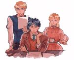  1girl 2boys black_hair black_pants blonde_hair blue_necktie blue_sweater_vest brown_eyes brown_jacket closed_eyes cup dio_brando dress elbow_rest erina_pendleton fuha_(azukiba_9) holding holding_paper holding_pen holding_tray jacket jojo_no_kimyou_na_bouken jonathan_joestar long_sleeves multiple_boys necktie nib_pen_(object) open_clothes open_jacket orange_sweater_vest pants paper pen phantom_blood pink_dress short_hair simple_background sitting smile standing sweat sweater_vest table teacup tray white_background 