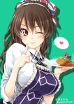  1girl ;) adapted_costume alternate_hairstyle apron artist_name ashigara_(kantai_collection) bangs brown_eyes brown_hair collared_shirt curry curry_rice finger_to_cheek food frilled_apron frills green_background hair_up heart high_ponytail highres holding holding_plate index_finger_raised ishihara_masumi kantai_collection katsu_(food) long_hair long_sleeves looking_at_viewer mini_flag one_eye_closed plate ponytail purple_apron remodel_(kantai_collection) rice shirt sidelocks simple_background smile solo speech_bubble spoken_heart twitter_username upper_body wavy_hair white_shirt 
