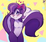 2023 anthro big_tail blush blushing_profusely colored digital_drawing_(artwork) digital_media_(artwork) female fifi_la_fume fluffy_chest fur hair half-closed_eyes hi_res lidded_eyes mammal mephitid multicolored_body multicolored_fur narrowed_eyes pink_bow pink_nose purple_body purple_fur purple_hair skunk skunk_tail smile solo tail tiny_toon_adventures tiny_toons_looniversity walliscolours warner_brothers white_body white_fur white_striped_fur
