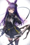  1girl animal_ears arknights backlighting black_eyes black_gloves black_legwear bow bunny_ears gloves hair_bow highres holding holding_weapon jacket knife knoy3356 long_hair long_sleeves looking_at_viewer purple_hair reverse_grip rope_(arknights) solo thighhighs weapon zettai_ryouiki 