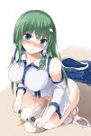  absurdres blue_eyes blush bottomless green_hair hair_ornament highres kochiya_sanae looking_at_viewer panties panties_around_one_leg peeing potty skirt skirt_removed socks squatting techi_(techi35499) thighs touhou underwear 