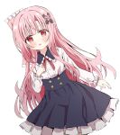  1girl absurdres artina black_skirt blush commentary_request frilled_shirt frilled_shirt_collar frilled_skirt frilled_sleeves frills hair_ornament hand_on_own_chest heart heart_hair_ornament high-waist_skirt highres long_hair long_sleeves looking_at_viewer neck_ribbon open_mouth original pink_hair red_eyes red_ribbon ribbon shirt simple_background skirt solo tareme very_long_hair white_background white_shirt x_hair_ornament 