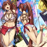  1girl arms_behind_back ass bdsm beach bikini blue_sky bondage bound bound_arms bound_legs breast_bondage breast_grab breasts brown_hair cherry_blossoms covered_nipples crotch_rope day disembodied_hands flower forced_orgasm grabbing groping hair_flower hair_ornament headgear highres kantai_collection large_breasts long_hair machine monikano navel one_eye_closed open_mouth outdoors ponytail predicament_bondage pussy_juice red_eyes rope sex_machine shibari shibari_over_clothes sky suspension swimsuit very_long_hair white_bikini yamato_(kantai_collection) 