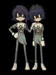  2girls aida_(aidacamelia0516) android black_background black_hat blue_hair dress full_body gloves grey_dress hat highres id_card looking_at_viewer multiple_girls murder_drones neon_lights nori_(murder_drones) off-shoulder_dress off_shoulder purple_eyes purple_hair red_eyes shoes short_hair simple_background white_footwear white_gloves yeva_(murder_drones) 