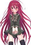  1girl absurdres ahoge artina black_thighhighs blush closed_mouth commentary_request cowboy_shot green_serafuku green_shirt green_skirt hair_between_eyes highres long_hair looking_at_viewer miniskirt partial_commentary red_eyes red_hair school_uniform serafuku shakugan_no_shana shana shirt simple_background skirt solo standing thighhighs very_long_hair white_background zettai_ryouiki 