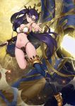  1girl :3 bangs bare_shoulders black_hair breasts cleavage commentary_request cro_(artist) earrings energy fate/grand_order fate_(series) hair_ribbon highres hoop_earrings ishtar_(fate/grand_order) jewelry long_hair looking_at_viewer medium_breasts navel one_eye_closed pointing pointing_at_viewer red_eyes ribbon single_thighhigh smile solo thighhighs two_side_up 