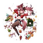  1girl :d ahoge animal_ear_fluff animal_ears antlers arm_behind_head belt belt_pouch black_gloves black_shirt black_skirt black_thighhighs blunt_ends bow box brown_hair candy candy_cane christmas_ornaments christmas_present christmas_tree crop_top eversoul explosive floating flower flynn_(eversoul) food full_body fur_trim game_cg gift gift_box gloves goggles goggles_on_head grenade half_gloves high_heels highres horns hyena_ears hyena_girl hyena_tail jacket leg_up looking_to_the_side midriff navel official_alternate_costume official_art open_box outstretched_arm pouch red_bow red_eyes red_footwear red_jacket reindeer_antlers sharp_teeth shirt skirt smile solo star_(symbol) stuffed_animal stuffed_toy tachi-e teddy_bear teeth thighhighs toy_train transparent_background twintails white_belt x_x 