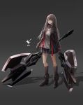  1girl axe bandana battle_axe black_gloves black_legwear boots dual_wielding full_body gloves grey_background grey_hair highres holding holding_axe jacket knoy3356 long_hair original pleated_skirt red_eyes skirt standing weapon 