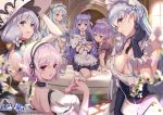  6+girls absurdres ahoge apron azur_lane bangs belfast_(azur_lane) blue_eyes blush bow braid breasts chain cleavage collar collarbone cygnet_(azur_lane) cygnet_(offer_has_been_maid)_(azur_lane) double_bun dress elbow_gloves eyebrows_visible_through_hair french_braid frills gloves green_eyes hair_bow hair_ornament hair_ribbon hands_together hat highres illustrious_(azur_lane) javelin_(azur_lane) kneeling lace_trim large_breasts long_hair looking_at_viewer maid maid_headdress multiple_girls official_art one_side_up open_mouth parted_lips ponytail puffy_short_sleeves puffy_sleeves purple_eyes purple_hair ribbon short_sleeves side_bun silver_hair sirius_(azur_lane) sitting smile standing strapless strapless_dress stuffed_animal stuffed_toy stuffed_unicorn sun_hat thighhighs unicorn_(azur_lane) very_long_hair white_dress white_gloves white_legwear yume_ou 