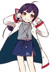 1girl absurdres ahoge alternate_costume bangs blue_skirt blush brown_eyes coat commentary_request eyebrows_visible_through_hair fujinami_(kantai_collection) grey_shirt grin hands_up head_tilt highres ichi kantai_collection long_hair long_sleeves looking_at_viewer open_clothes open_coat purple_hair shirt simple_background skirt smile solo white_background white_coat 