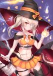  1girl ayanami_(azur_lane) ayanami_(witch_in_ambush)_(azur_lane) azur_lane bandage_over_one_eye bandaged_arm bandages bare_shoulders black_headwear black_legwear breasts cape cleavage cocoasabure collarbone commentary_request crop_top demon_tail halloween hat highleg highres hitodama holding holding_sword holding_weapon long_hair looking_at_viewer medium_breasts midriff miniskirt navel orange_skirt red_eyes silver_hair skirt solo sword tail thigh_strap thighhighs twintails weapon witch witch_hat zettai_ryouiki 