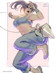 1girl baggy_pants breasts brown_hair commentary crop_top flats full_body jumping long_hair looking_at_viewer midriff open_mouth outlaws_of_the_marsh pants rejean_dubois rope_dart solo twintails weapon 