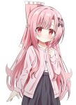  1girl artina black_skirt blush bow cardigan closed_mouth commentary_request cowboy_shot hair_bow hair_ornament heart heart_hair_ornament long_hair long_sleeves looking_at_viewer original pink_bow pink_cardigan pink_eyes pink_hair simple_background skirt smile solo standing tareme white_background x_hair_ornament 
