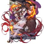  1girl absurdly_long_hair age_of_ishtaria animal_ears arm_up armpits bare_shoulders black_footwear black_hair breasts byulzzimon chain closed_mouth company_name fire fox_ears fox_girl fox_tail frown gradient_hair hellhound_(age_of_ishtaria) heterochromia high_heels highres large_breasts leg_up long_hair looking_at_viewer miniskirt multicolored_hair paws red_eyes red_hair skirt sleeveless smoke solo tail thighhighs thighs twintails two-tone_hair underboob_cutout very_long_hair watermark white_legwear white_skirt yellow_eyes 