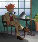  bow bowtie brown_footwear chair crossed_legs cup formal furry indoors meitantei_holmes mouth_hold newspaper orange_hair pipe plant potted_plant red_vest shadow sherlock_holmes_(meitantei_holmes) shoes sitting socks suit suzushiro_(suzushiro333) table teacup vest window 