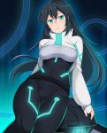  1girl aqua_eyes bangs black_hair blue_background blush bodysuit breasts covered_navel frown glowing gundam gundam_build_divers_re:rise hair_between_eyes honda_naoki jacket lips long_hair may_(gundam_build_divers_re:rise) medium_breasts shiny shiny_hair solo very_long_hair white_jacket wodom_pod 