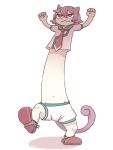  1girl 810_(dadmiral) :3 animal_ears arms_up cat_ears cat_tail commentary_request full_body gen_1_pokemon gigantamax gigantamax_meowth highres kantai_collection navel necktie parody pink_hair pokemon pokemon_(game) pokemon_swsh red_eyes red_neckwear sailor_collar short_hair shorts simple_background solo standing standing_on_one_leg tail tama_(kantai_collection) white_background 