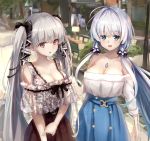  2girls absurdres alternate_costume azur_lane blue_eyes blush breasts casual cleavage collarbone commentary_request eyebrows_visible_through_hair floral_print formidable_(azur_lane) grey_hair hair_ribbon high-waist_skirt highres illustrious_(azur_lane) jewelry large_breasts long_hair multiple_girls off-shoulder_shirt off_shoulder open_mouth pendant red_eyes ribbon see-through shirt silver_hair skirt town tri_tails twintails very_long_hair wata0933 