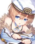  1girl bare_shoulders blanc blue_eyes blush brown_hair hat hazuki_akaoto looking_at_viewer neptune_(series) open_mouth short_hair smile solo 