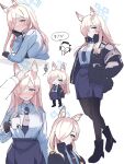 1boy 1girl absurdres animal_ear_fluff animal_ears black_footwear black_gloves black_jacket black_pantyhose black_skirt blonde_hair blue_archive blue_eyes blue_halo blue_necktie blue_shirt blue_skirt blush boots chibi chibi_inset closed_mouth coffee coffee_mug commentary_request cup dog_ears dog_girl doodle_sensei_(blue_archive) dot_mouth gloves hair_over_one_eye hair_over_shoulder halo hand_in_pocket hand_on_another&#039;s_head hand_on_own_chin hands_in_pockets head_rest headpat high_heel_boots high_heels highres holding holding_cup jacket kanna_(blue_archive) karunabaru long_hair long_sleeves looking_at_viewer mug necktie notched_ear pantyhose paw_print pencil_skirt print_mug purple_armband sensei_(blue_archive) sharp_teeth shirt sidelocks skirt speech_bubble squiggle standing teeth thought_bubble tie_clip white_background 