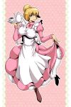  1girl animal_ears apron blonde_hair breasts brooch cup dog_ears dog_girl dress full_body furry green_eyes hair_bun high_heels highres holding jewelry juliet_sleeves large_breasts long_sleeves looking_at_viewer maid marie_hudson meitantei_holmes mifune_seijirou pink_background pink_dress polka_dot polka_dot_background puffy_sleeves simple_background skirt skirt_lift solo teacup teapot 