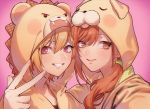  2girls animal_hood arisugawa_natsuha bangs blonde_hair blush brown_eyes brown_hair grin hair_between_eyes hood idolmaster idolmaster_shiny_colors ikarin long_hair looking_at_viewer multiple_girls purple_eyes saijou_juri short_hair smile w 