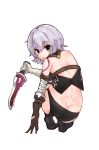  1girl absurdres ass bandaged_arm bandages bangs bare_shoulders black_legwear brown_gloves commentary_request eyebrows_visible_through_hair facial_scar fate/apocrypha fate/grand_order fate_(series) from_behind gloves green_eyes greypidjun highres holding holding_knife jack_the_ripper_(fate/apocrypha) knife looking_at_viewer open_mouth panties scar scar_across_eye short_hair silver_hair simple_background solo tattoo underwear white_background 