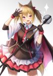  1girl :d animal_ears arknights black_gloves blonde_hair blush cape chain cowboy_shot fang gloves highres knoy3356 looking_at_viewer necktie open_mouth purple_eyes red_neckwear smile solo sora_(arknights) staff tail twintails 