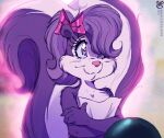 2023 accessory anthro big_tail blush blush_lines bow_ribbon cheek_tuft digital_drawing_(artwork) digital_media_(artwork) eyelashes facial_tuft female fifi_la_fume fingers fluffy fluffy_tail fur glowing hair hair_accessory hair_bow hair_ribbon holding_object looking_offscreen mammal mephitid multicolored_body multicolored_fur pink_bow pink_nose pupils purple_body purple_fur purple_hair purple_pupils ribbons skunk skunk_tail smile solo sparkles sparkling_eyes tail tiny_toon_adventures tuft walliscolours warner_brothers white_body white_fur white_striped_fur