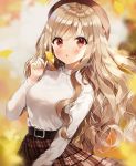  1girl :o autumn autumn_leaves bangs belt belt_buckle beret blonde_hair blurry blurry_background blurry_foreground blush breasts brown_hair brown_headwear brown_skirt buckle commentary day depth_of_field ginkgo_leaf hat holding holding_leaf leaf long_hair long_sleeves looking_at_viewer medium_breasts original outstretched_arms parted_lips plaid plaid_skirt pleated_skirt red_eyes shirt sidelocks skirt solo sweater tareme upper_body very_long_hair wavy_hair weri white_shirt white_sweater 