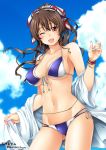  1girl artist_name ashigara_(kantai_collection) bangs bikini blue_sky bracelet breasts brown_eyes brown_hair cloud collarbone cowboy_shot day fang front-tie_bikini front-tie_top hairband high_ponytail highres ishihara_masumi jewelry kantai_collection large_breasts long_hair looking_at_viewer nail_polish navel one_eye_closed open_mouth ponytail purple_bikini remodel_(kantai_collection) side-tie_bikini sky smile solo swimsuit twitter_username wavy_hair 