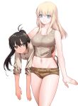  2girls absurdres belt black_hair blonde_hair blue_eyes brave_witches breasts brown_belt brown_shirt brown_shorts brown_tank_top buttons carrying carrying_person carrying_under_arm closed_mouth collared_shirt commentary english_commentary highres long_hair luminous_witches manaia_matawhaura_hato midriff multiple_girls navel nora_taylor ponytail second-party_source shirt shoes short_shorts shorts simple_background sleeves_rolled_up smile standing tank_top thighs waka_(shark_waka) white_background white_footwear world_witches_series 