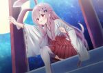  1girl absurdres animal_ears artina blush commentary_request feet_out_of_frame hair_ornament hakama hakama_skirt heart heart_hair_ornament highres japanese_clothes kimono long_hair long_sleeves miko moon night night_sky open_mouth original outdoors pink_eyes pink_hair rabbit_ears rabbit_girl red_hakama sitting skirt sky solo thighhighs very_long_hair white_kimono white_thighhighs wide_sleeves x_hair_ornament 