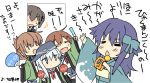  0_0 5girls akatsuki_(kantai_collection) alternate_costume anchor_symbol black_hair blue_eyes blue_kimono brown_hair commentary_request cowboy_shot fan fang flat_cap folded_ponytail happi hat hibiki_(kantai_collection) hizuki_yayoi ikazuchi_(kantai_collection) inazuma_(kantai_collection) japanese_clothes kaga_(kantai_collection) kaga_cape kantai_collection karaoke kimono long_hair messy_hair microphone multiple_girls muneate music paper_fan purple_hair school_uniform serafuku short_hair side_ponytail singing skin_fang solo_focus translation_request uchiwa white_hair 